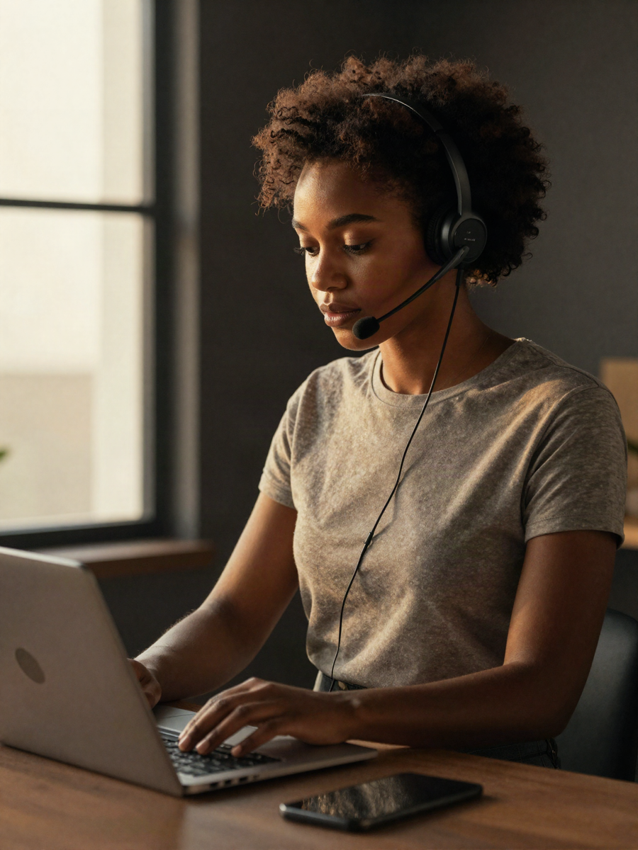 A professional with a headset working at a laptop