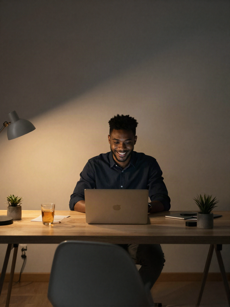 A professional smiling on a video call from a home office