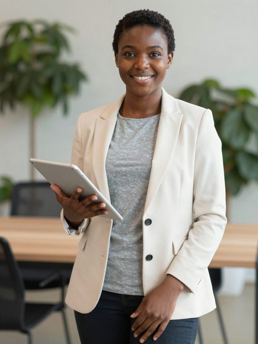 A professional holding a tablet in a bright co-working space
